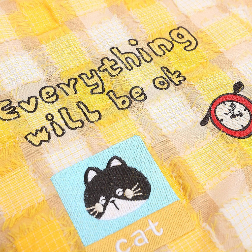 Yellow Plaid Cat Cartoon Short Sleeve Button-Up Shirt Harajuku
