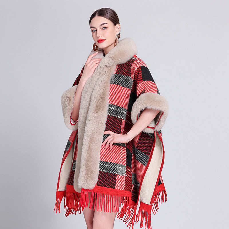 Women's Knitted Hooded Poncho with Fur Trim & Tassels for Winter
