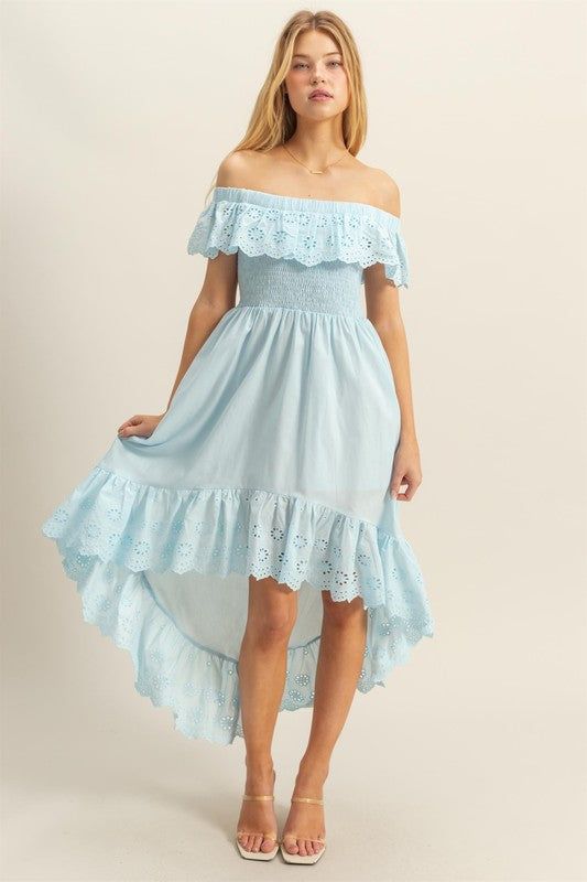 High-Low Ruffled Off-Shoulder Eyelet Dress for Summer