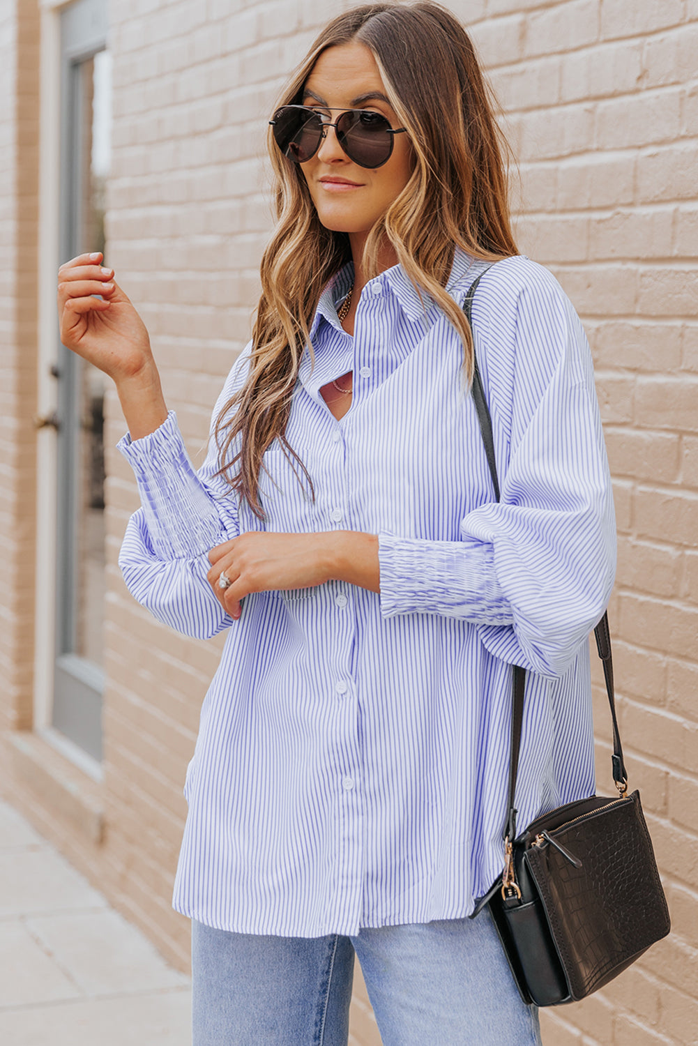 Blue Striped Casual Shirt with Shirred Cuffs | Polyester