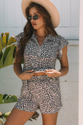 Leopard Half Zipper Collared Ruffled Sleeve Top and Short Set