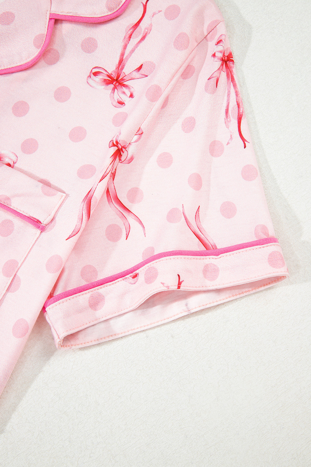 Pink Bow Print Contrast Piping Short Pajamas Set