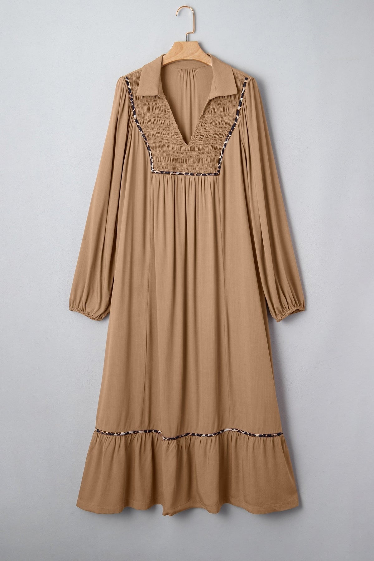 Plus Size Smocked V-Neck Leopard Piping Maxi Dress