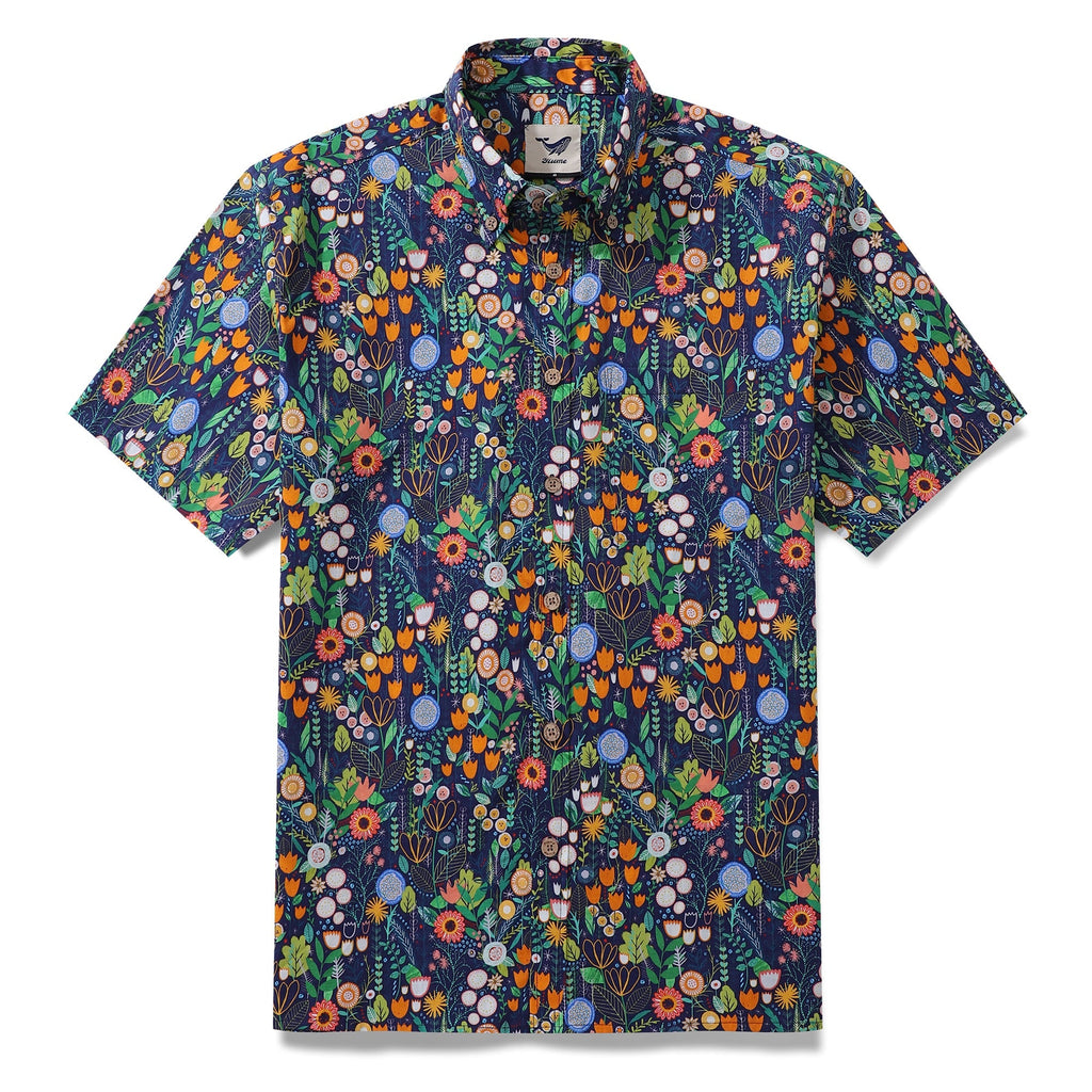 Men's button-down Hawaiian shirt with a colorful floral pattern including daisies and tulips.