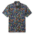 Men's button-down Hawaiian shirt with a colorful floral pattern including daisies and tulips.