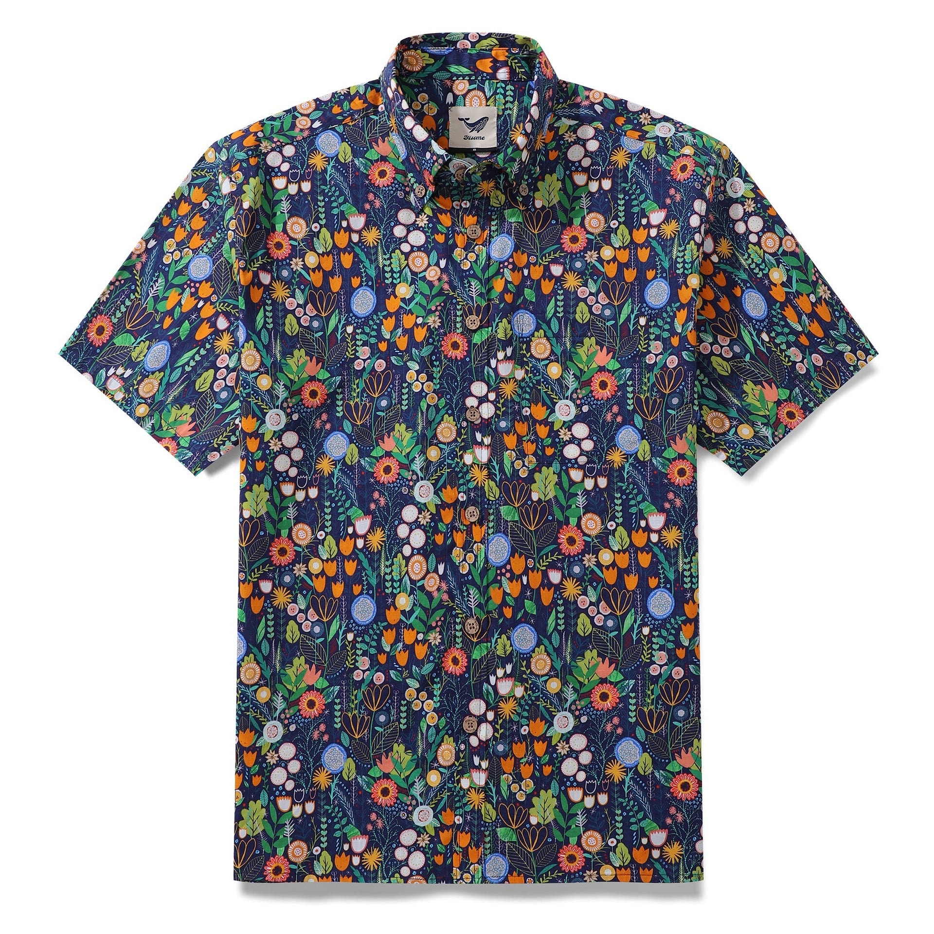 Men's button-down Hawaiian shirt with a colorful floral pattern including daisies and tulips.