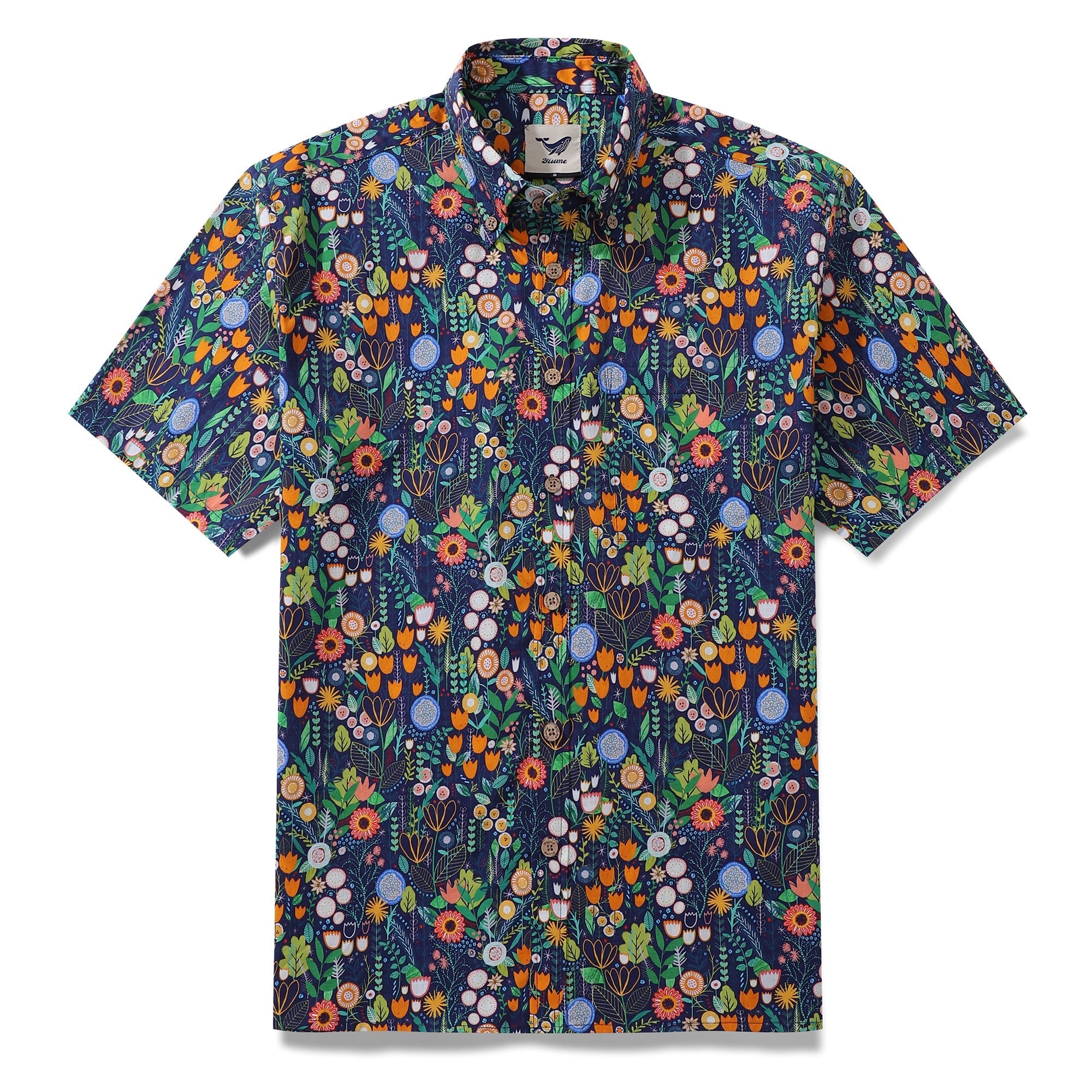Men's button-down Hawaiian shirt with a colorful floral pattern including daisies and tulips.