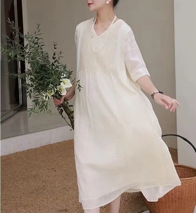 Women's Elegant White Linen Midi Dress Casual Breathable Style - Image 2