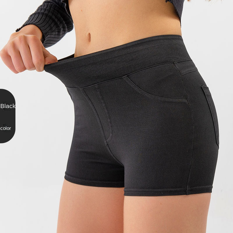 Denim-Look High-Waist Hip-Lifting Yoga Shorts Tummy Control