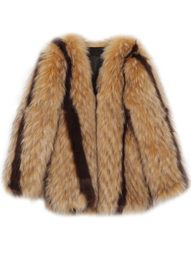 Women's Harajuku Style Faux Fur Coat with Mixed Color Stripes - Image 5