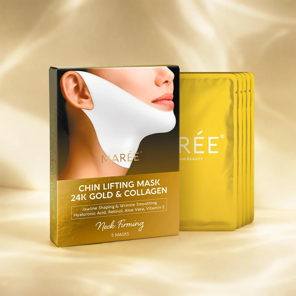 Maree 24K Gold and Collagen V-Line Lifting Masks in gold packaging next to a box showing jawline tightening results.