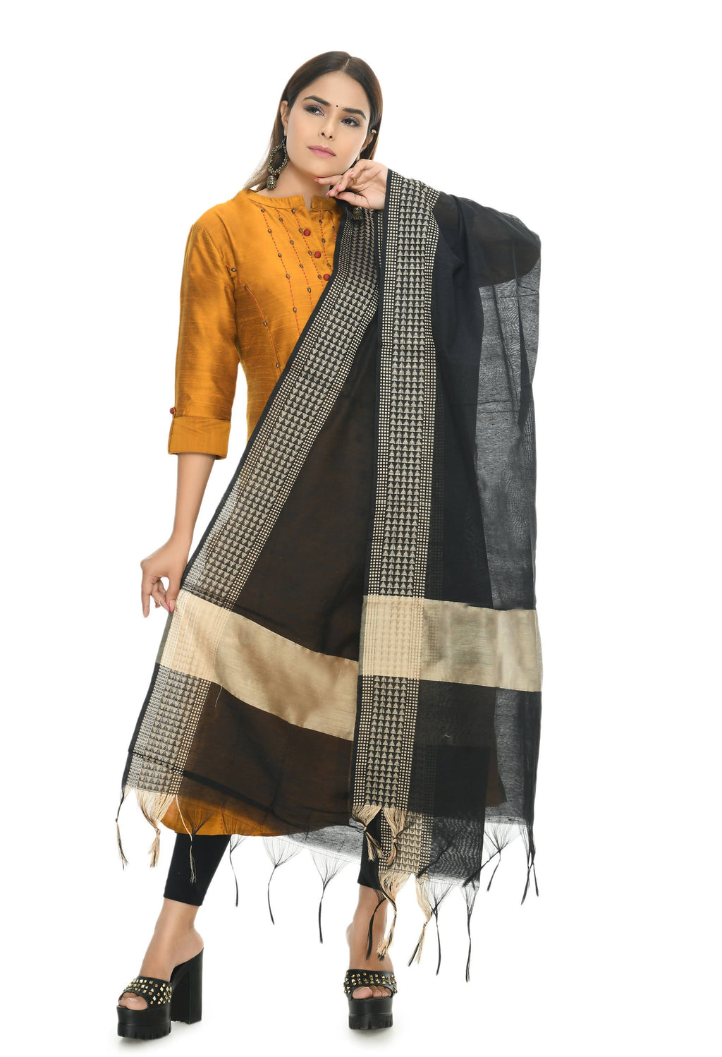 Black Handloom Cotton Dupatta with Geometric Print for Women