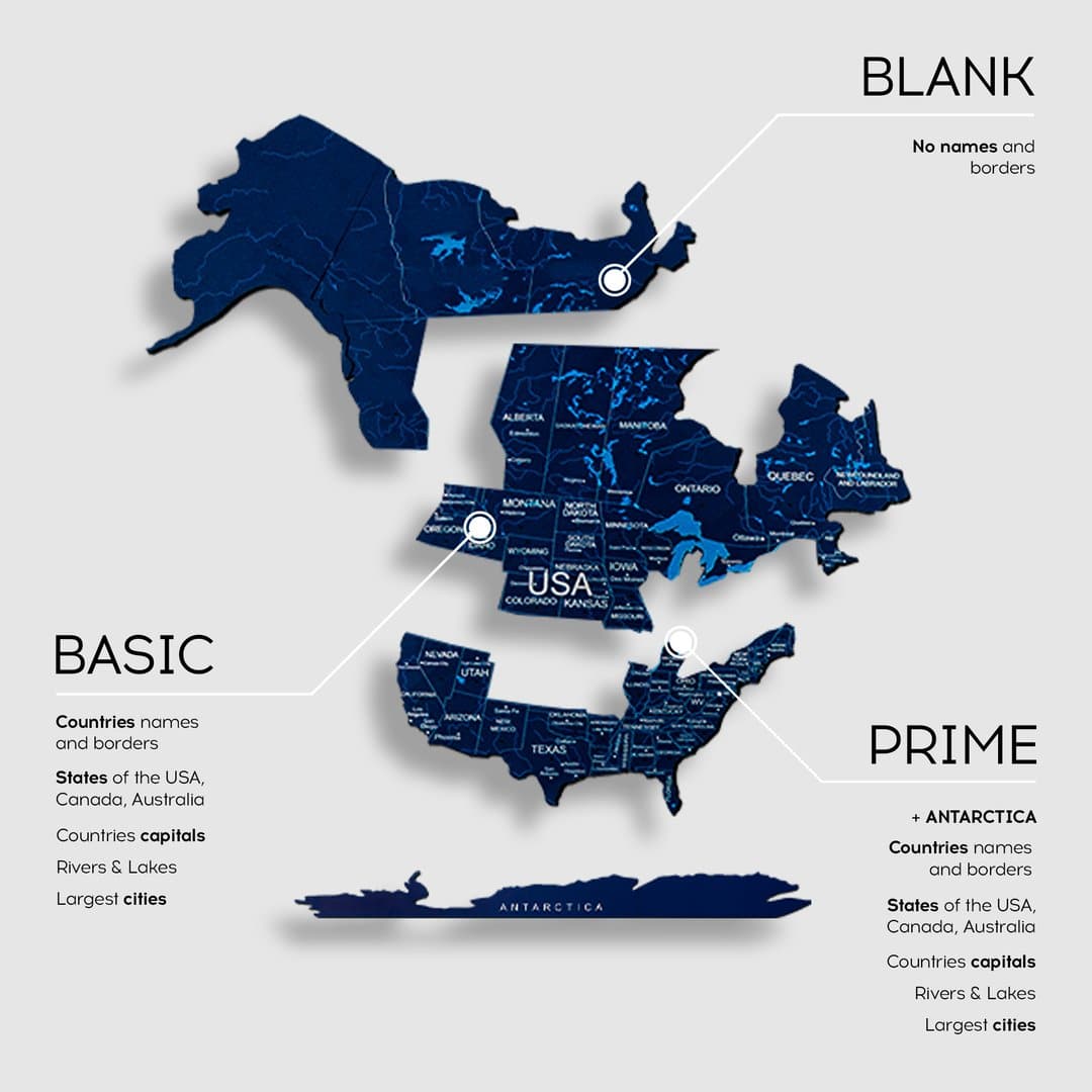 Wooden World Map Wall Art in Navy Blue - Handcrafted Decor