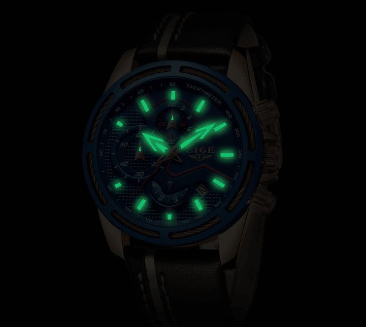 Men's Waterproof Sports Chronograph Watch with Leather Strap