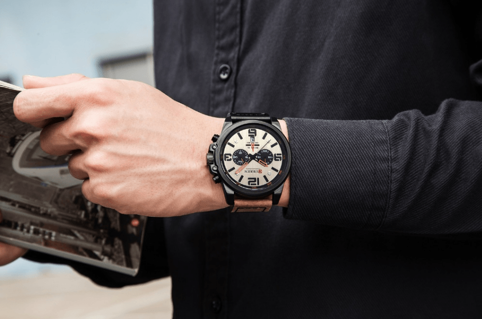 Retro Waterproof Chronograph Watch with Leather Strap & Steel Case
