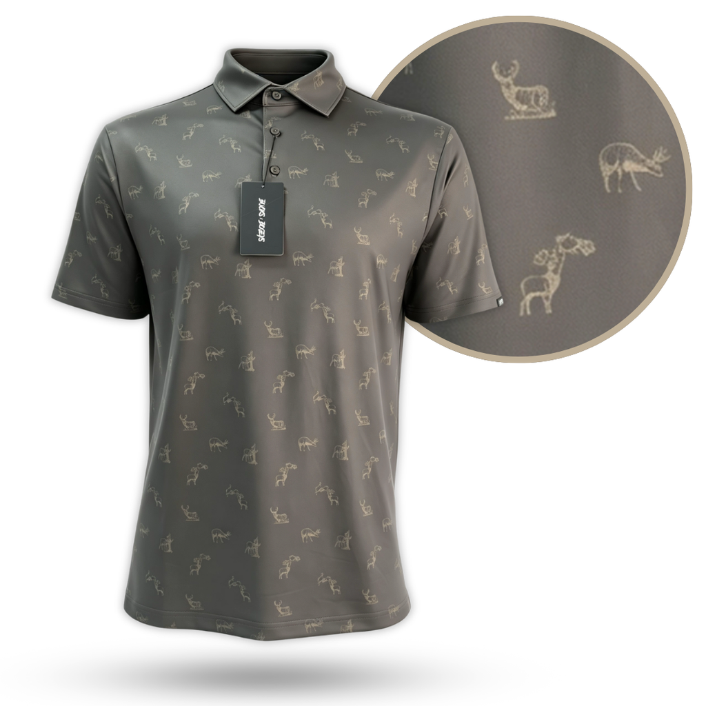 Brown Get Bucked golf polo with whitetail deer pattern detail