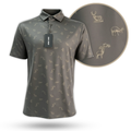 Brown Get Bucked golf polo with whitetail deer pattern detail
