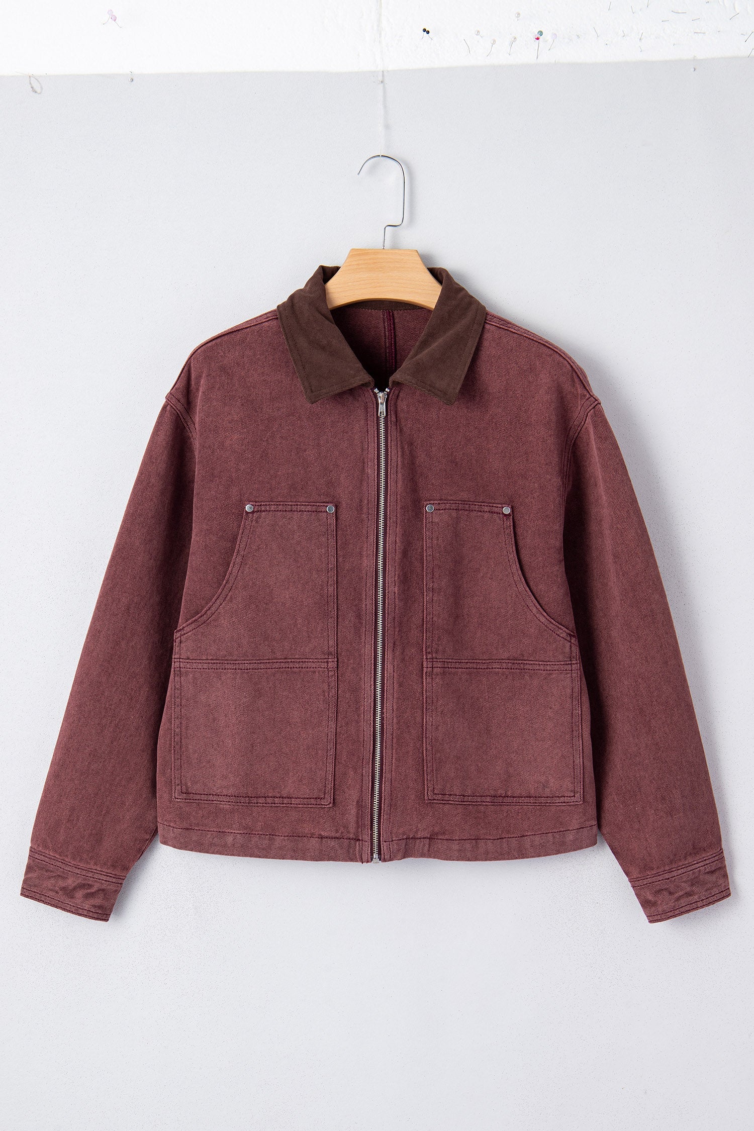 Corduroy Collar Zipped Front Denim Jacket