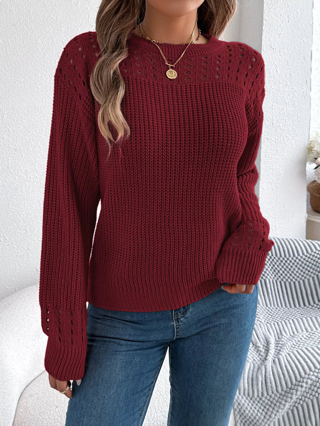 Openwork Round Neck Long Sleeve Sweater