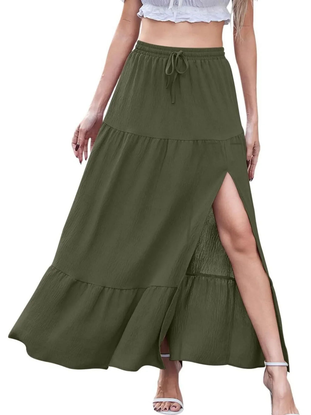 White Tiered Ruffled Maxi Skirt with Side Slit - Image 14