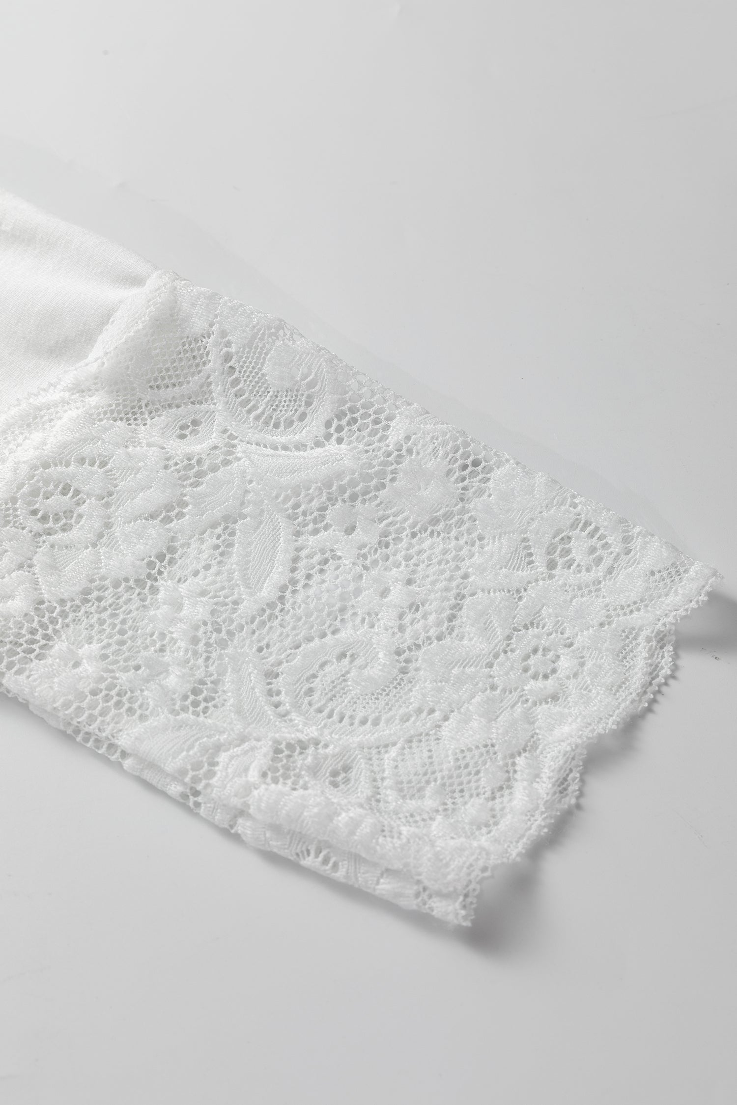 White Lace Trim V Neck Cuffed Long Sleeve Loose Top
