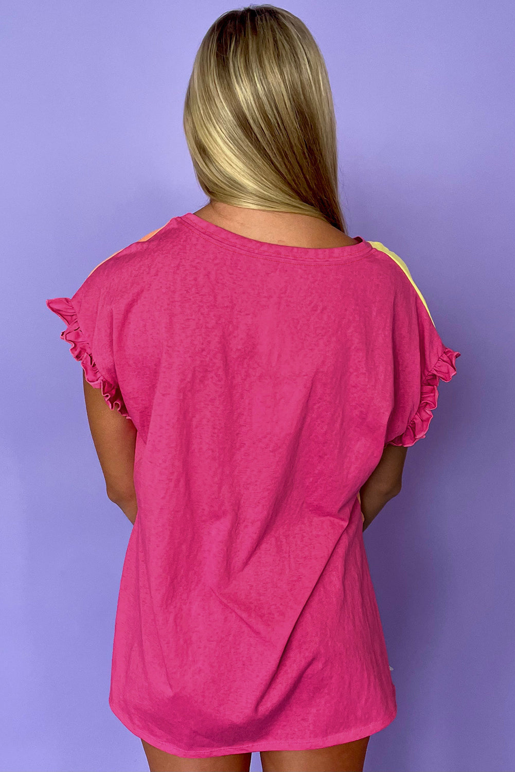 Rose Red Color Block Ruffled Crew Neck Loose Fit T-Shirt