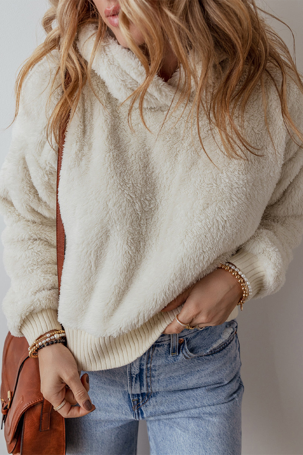 White Plush Hoodie with Contrast Ribbed Hem and Cuffs