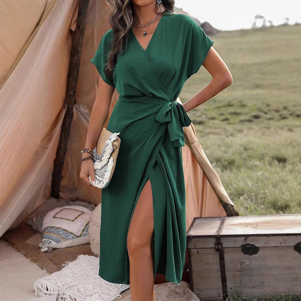 Minimalist Wrap Suspender Dress Asymmetric Hem Commuter Midi