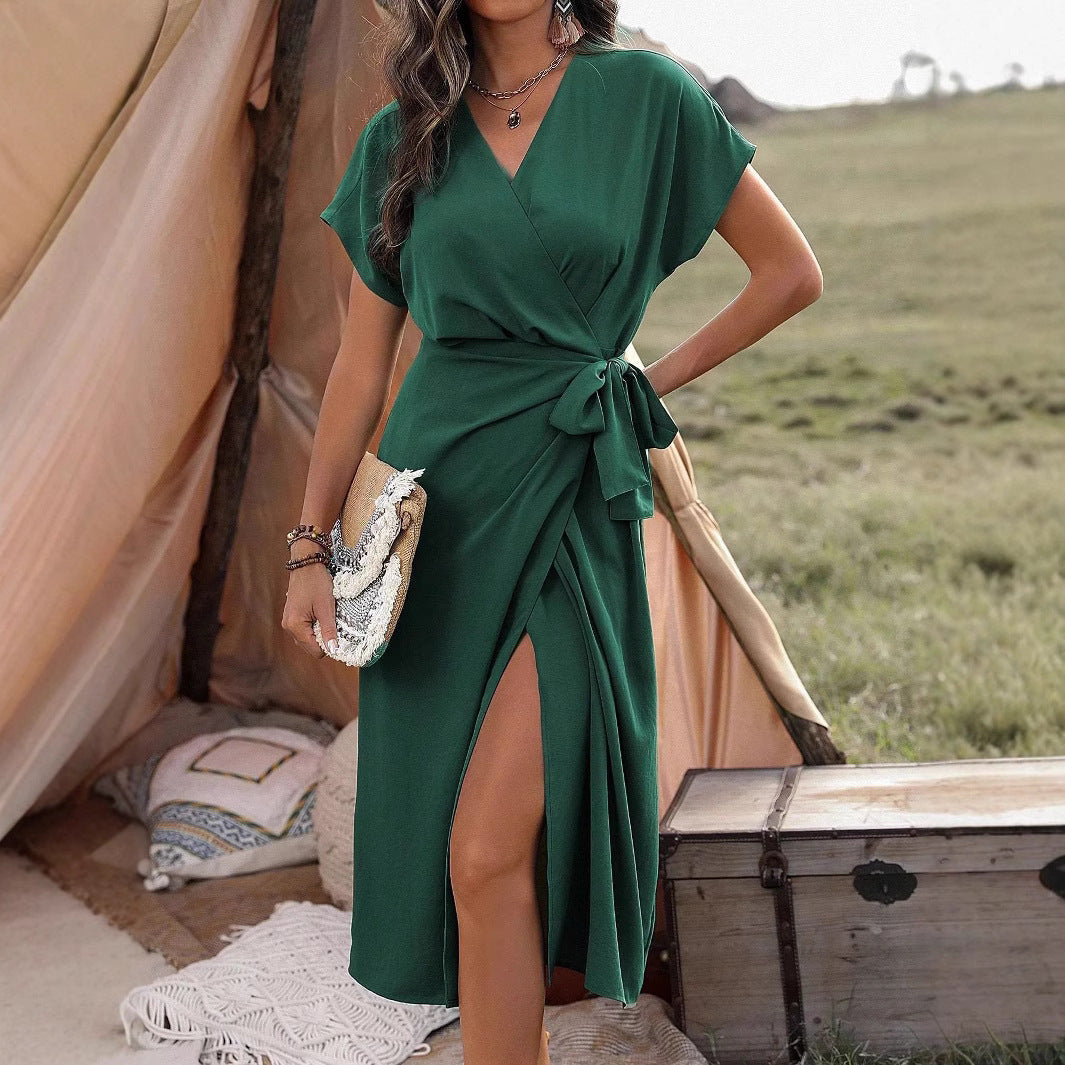 Minimalist Wrap Suspender Dress Asymmetric Hem Commuter Midi