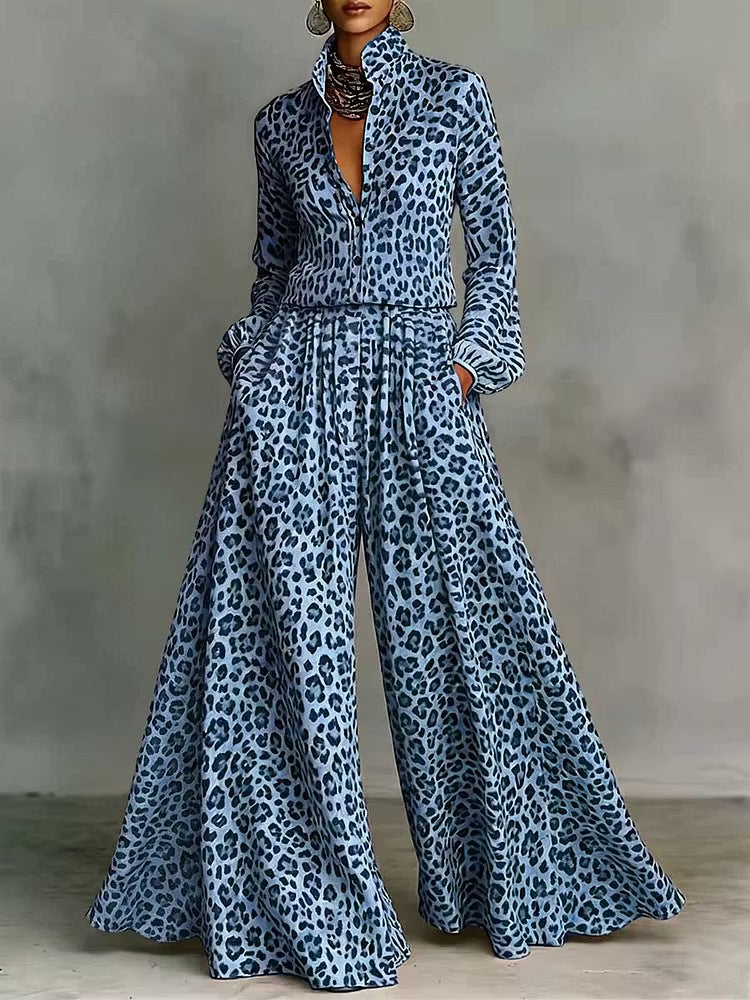 Leopard Print Wide-Leg Pants Set - Bohemian Casual Two-Piece