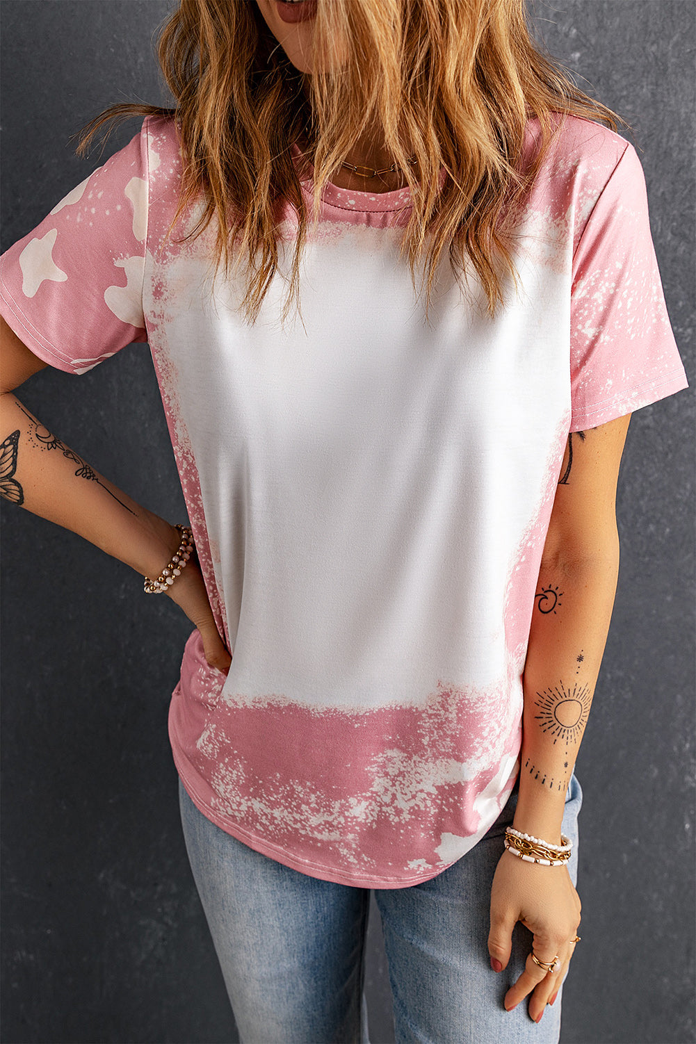 Women's Pink and White Tie Dye Bleached Short Sleeve T-Shirt
