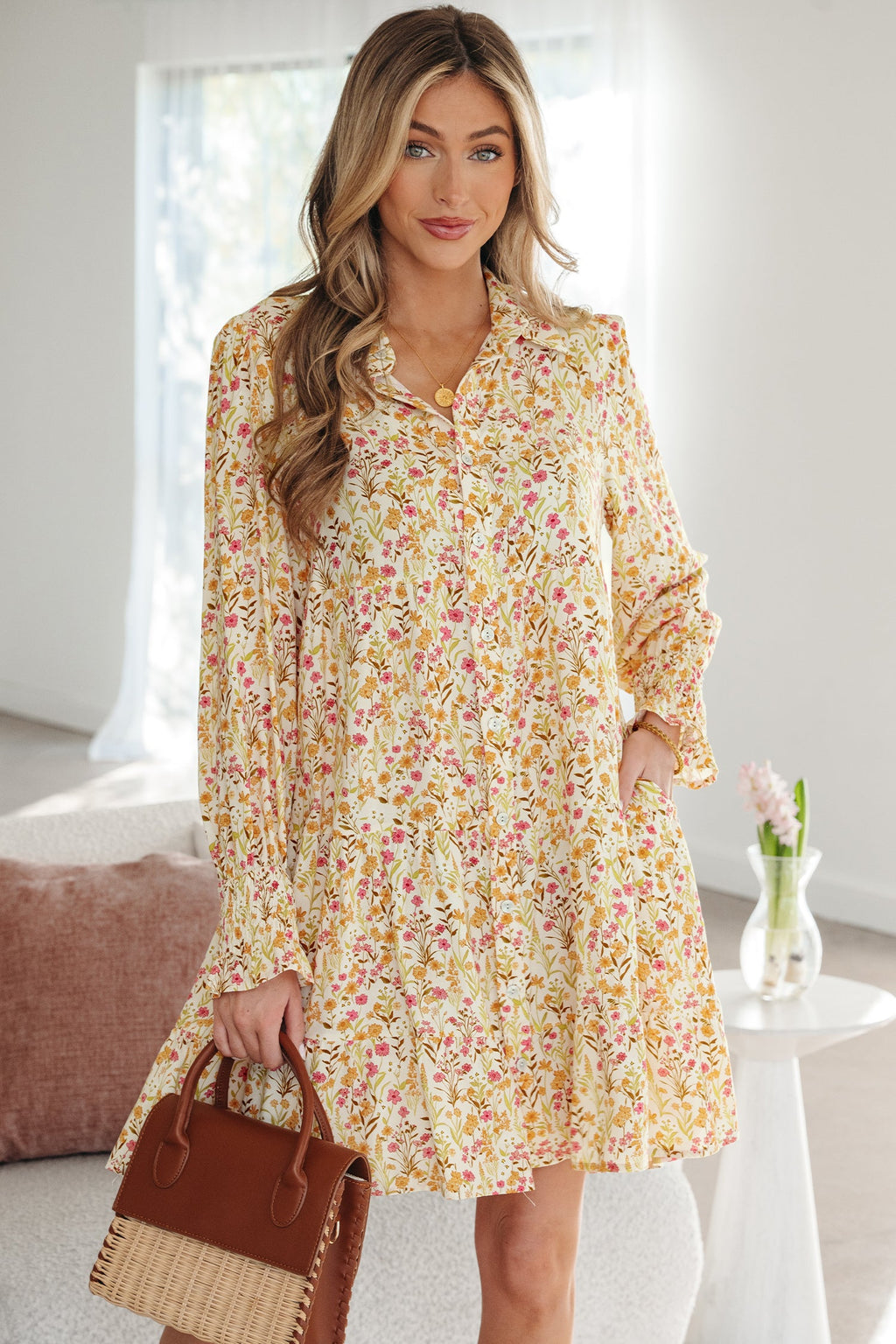 Yellow Floral Print Frilly Trim Smocked Cuff Long Sleeve Shirt Dress