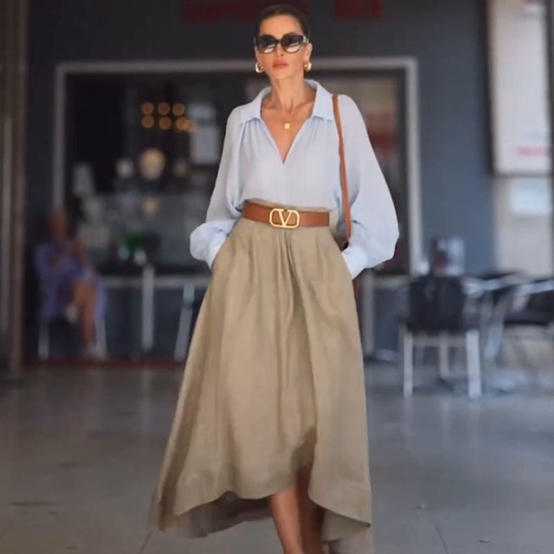 Minimalist A-Line Middle Length Skirt in Light Khaki