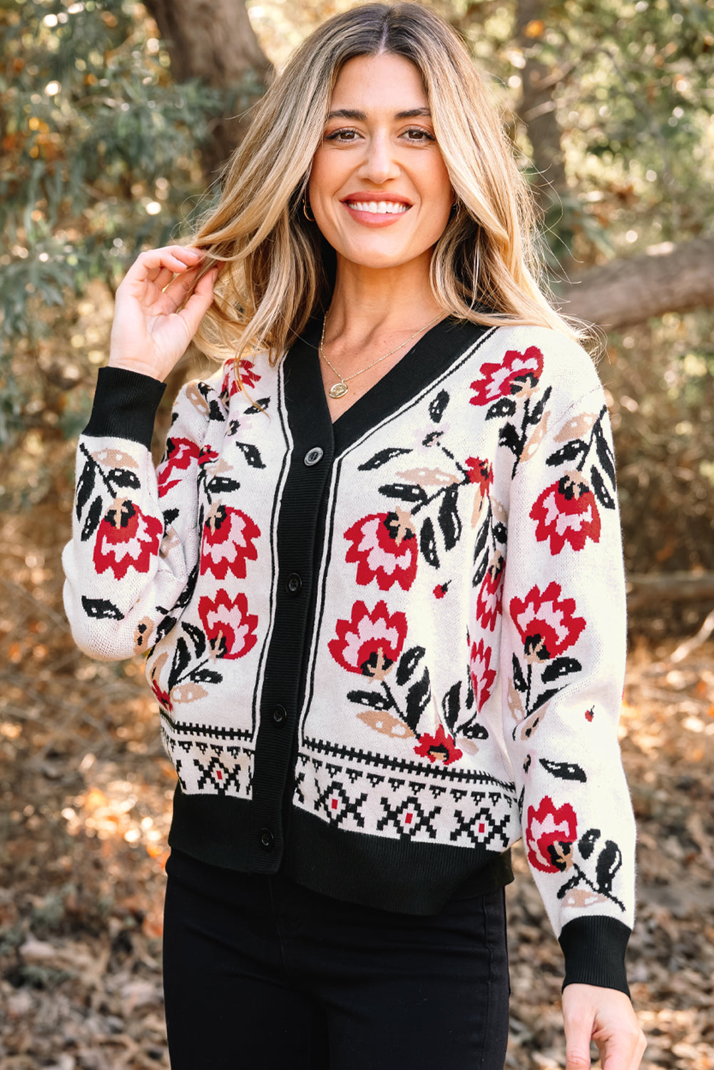 Floral Knit Button-Front V-Neck Cardigan