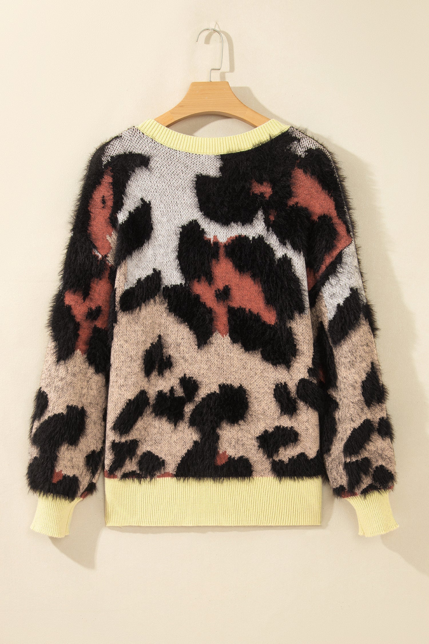 Leopard Colorblock Trim Drop Shoulder Fuzzy Sweater