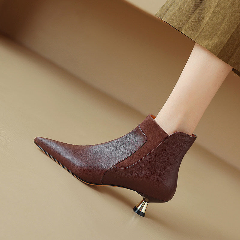 Women's Black Genuine Leather Kitten Heel Ankle Boots Pointed Toe - Image 6