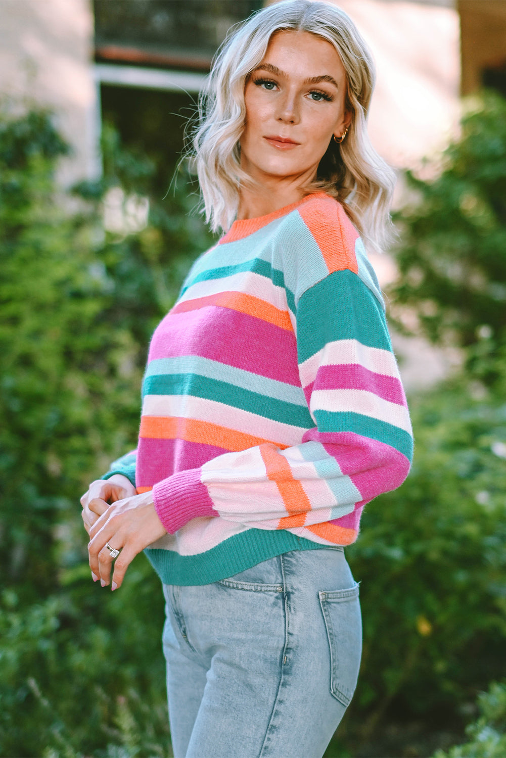Stripe Knit Drop Shoulder Puff Sleeve Sweater