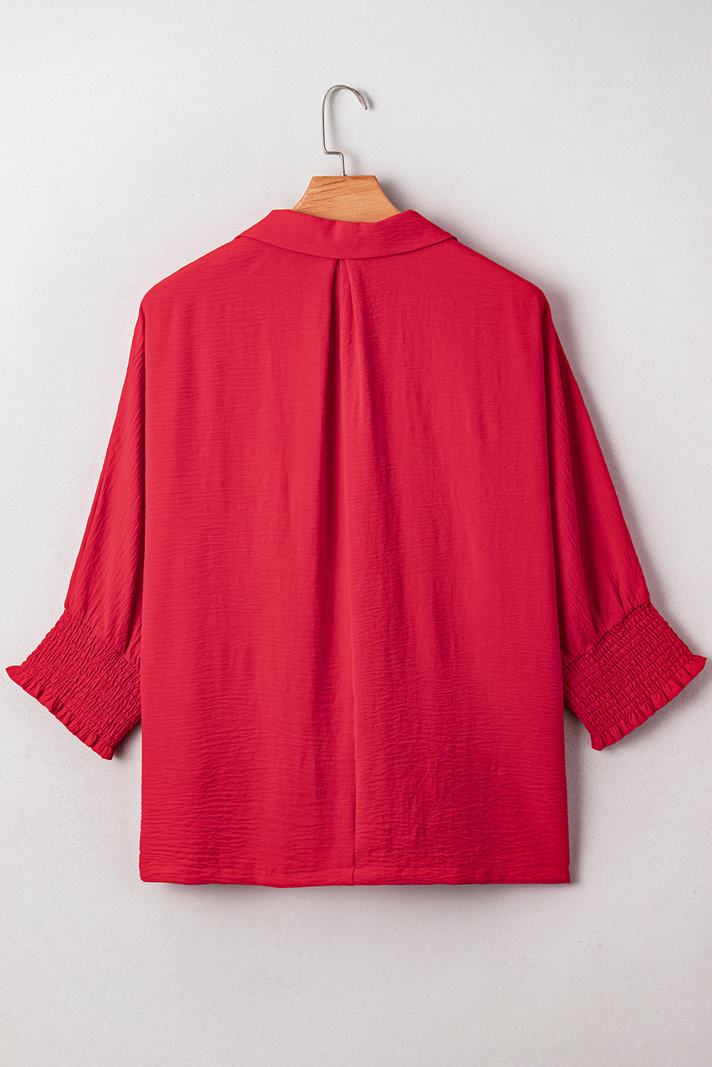 Plus Size Solid Collared V-Neck Smocked 3/4 Sleeve Top