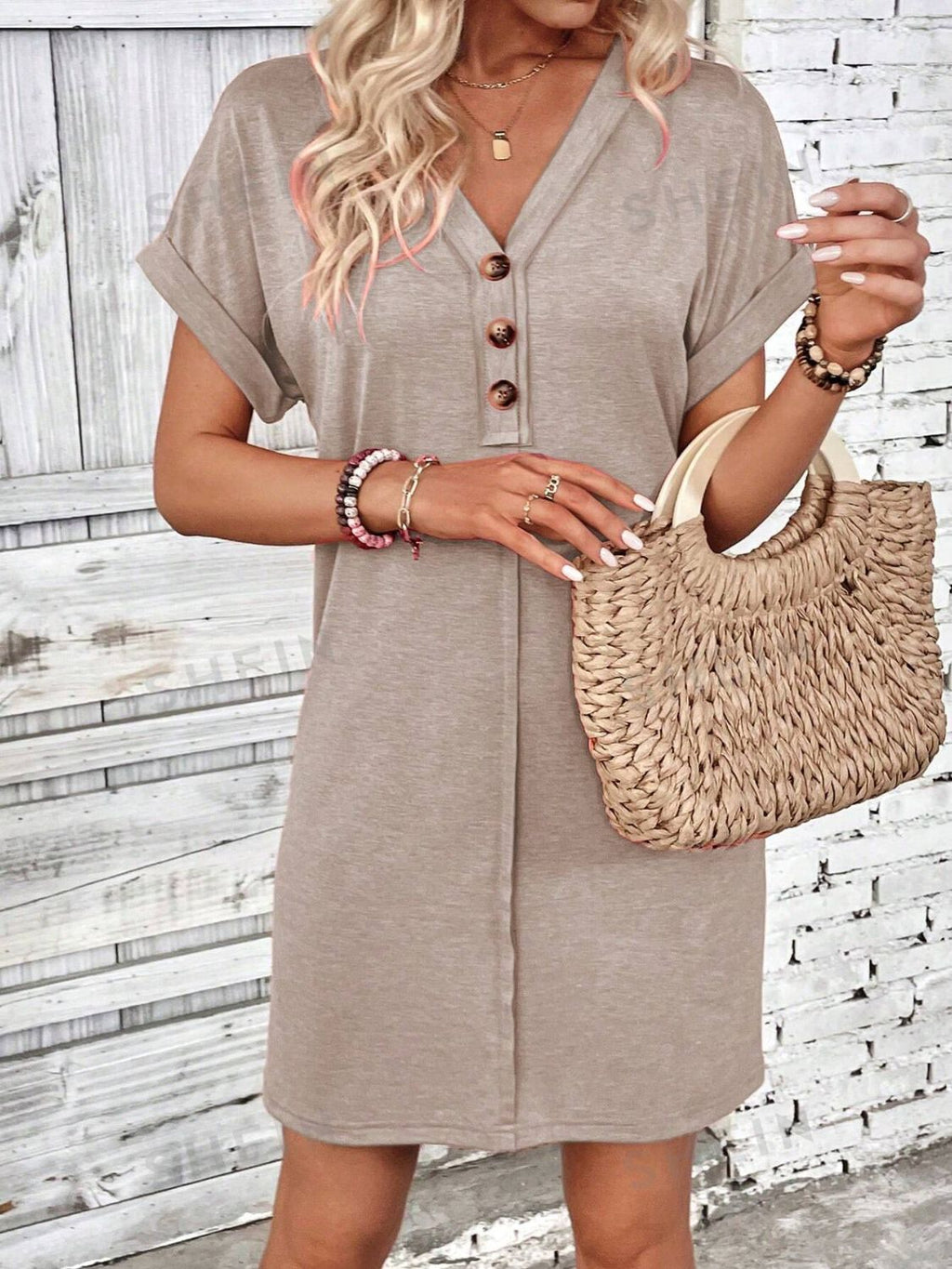 V-Neck Short Sleeve Button-Front Dress for Casual and Office Wear