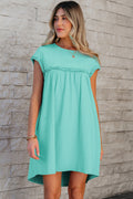 Women's Loose Fit Mini Dress with Frilled Trim - Casual Cotton