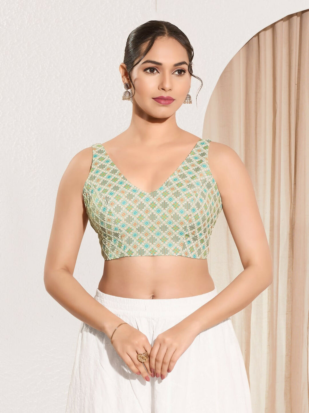 Joban Fashion Pista Green Jacquard Padded Blouse With V Neck Sleeveless