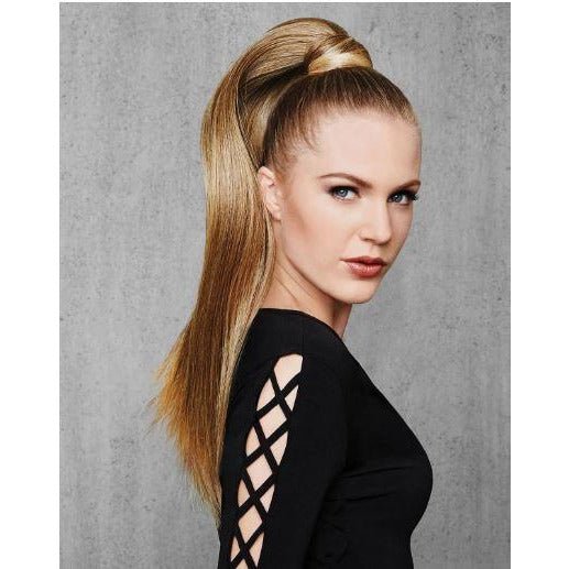 Model wearing a long 25-inch straight wrap-around synthetic ponytail extension.