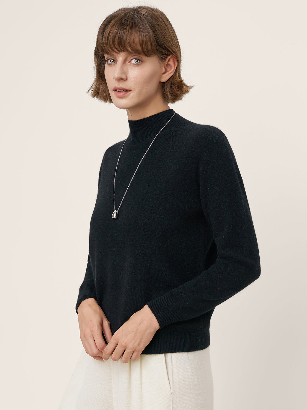 Premium Cashmere Blend Hand-Finished Seamless Mock Neck Ribbed Sweater RHEA