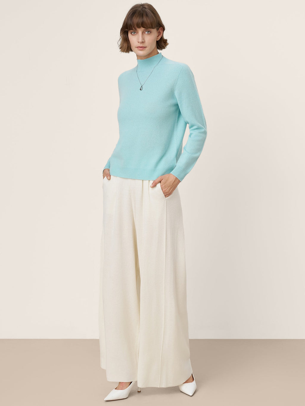 Premium Cashmere Blend Hand-Finished Seamless Mock Neck Ribbed Sweater RHEA