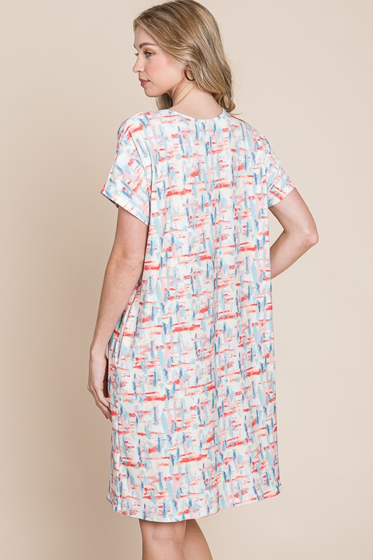 Printed Round Neck Short Sleeve Tee Dress with Functional Pockets