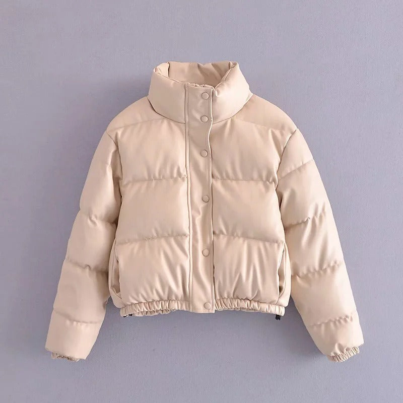 Stylish Women's Tan Faux Leather Puffer Jacket with Stand Collar - Image 7