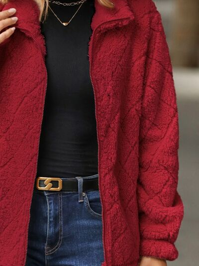 Women's Fuzzy Zip-Up Jacket with Pockets - Casual Streetwear