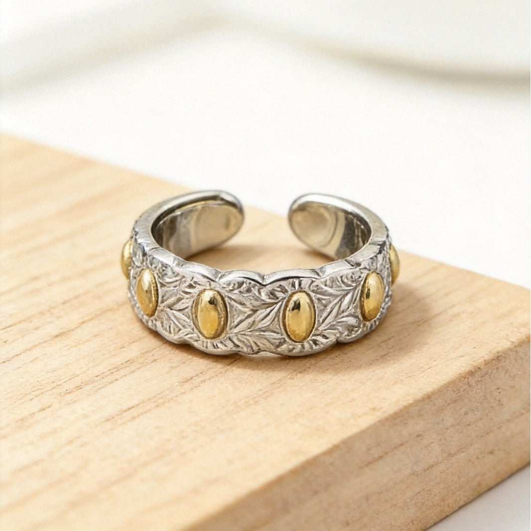 Vintage Seven-Grain Rice Open Ring, Adjustable Brass Band