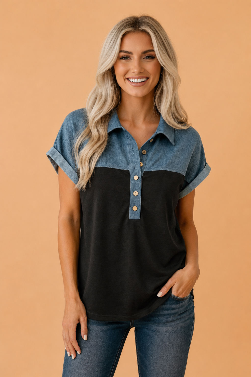Colorblock denim patchwork top with a structured polo collar and button detail.