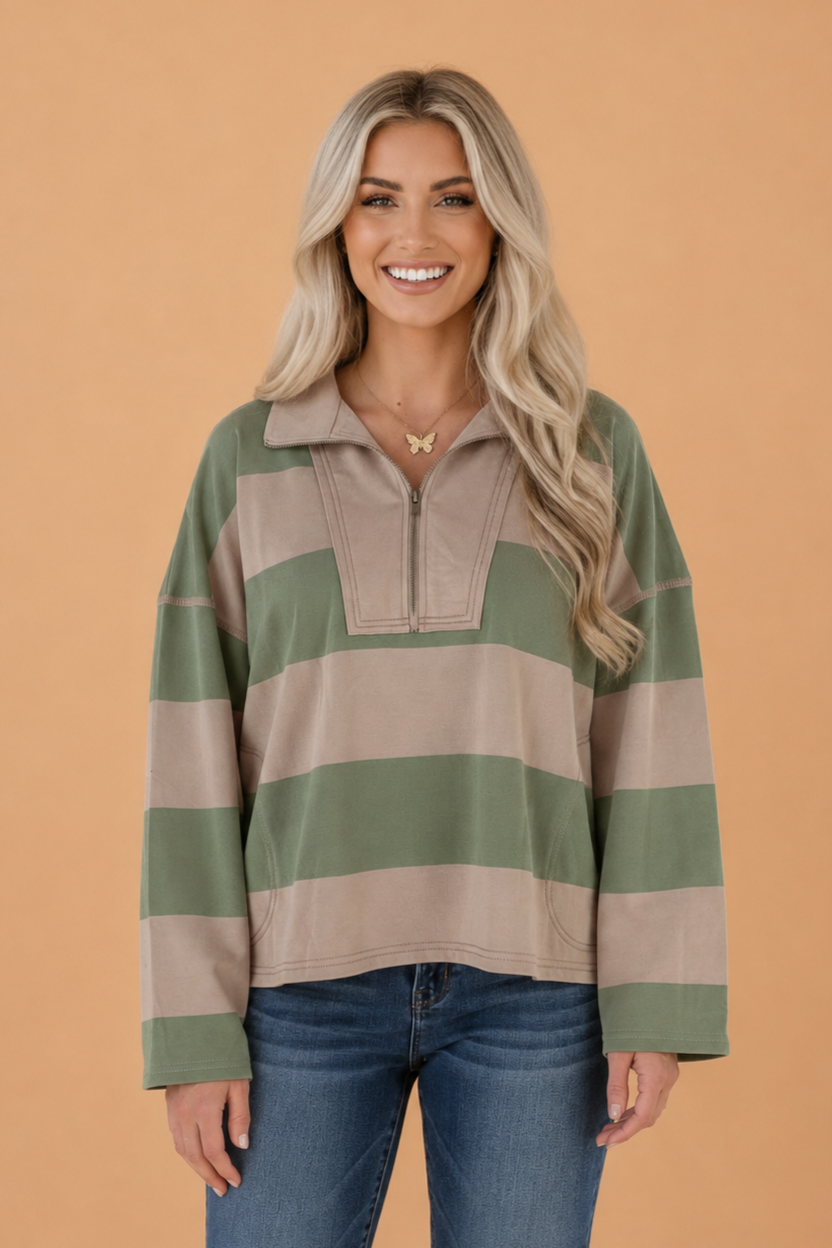 Stripe Colorblock Half Zip Collar Long Sleeve Top